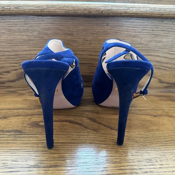 PRADA Camoscio Blue Suede Cutout Slingback Heels Shoes NEW 39